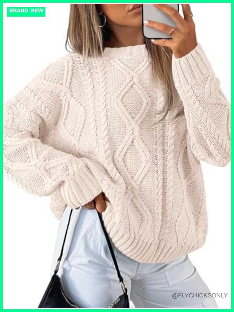 Oversized Cable Knit Crewneck Sweater - Cotton Blend Pullover